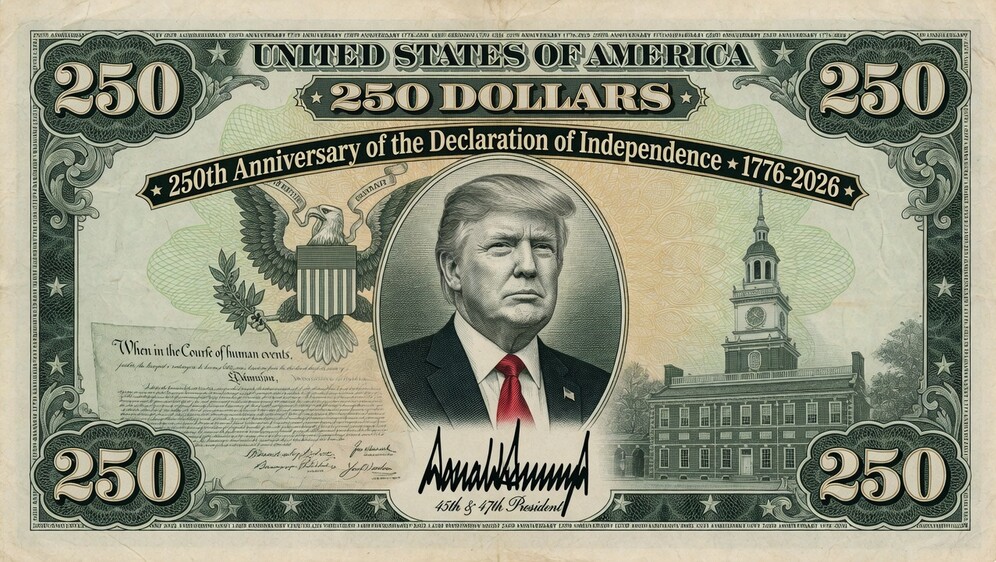 Donald Trump na novčanici od 250 dolara, AI ilustracija