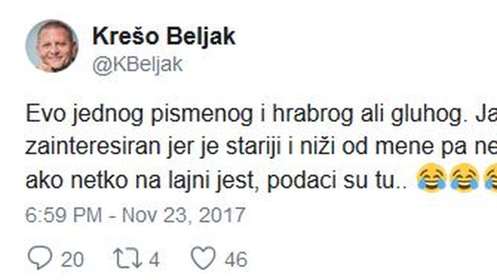 Krešo Beljak odgovorio na poziv za obračun (Screenshot: Twitter)
