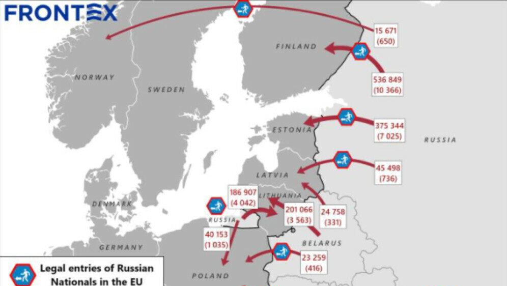 Karta koja prikazuje koliko je Rusa iz Rusije otišlo u Europsku uniju