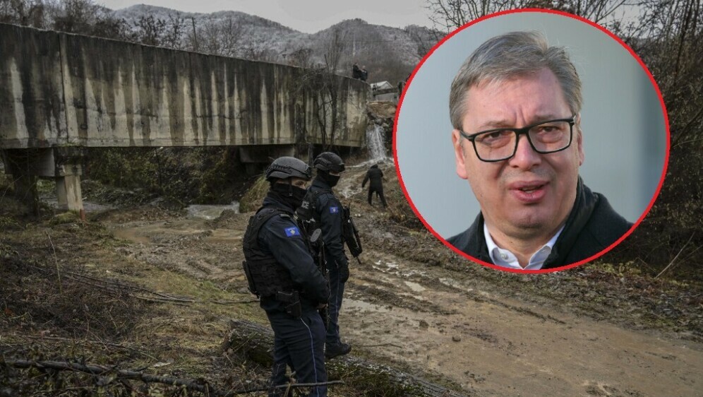 Aleksandar Vučić i kanal u koji je bačena bomba, ilustracija