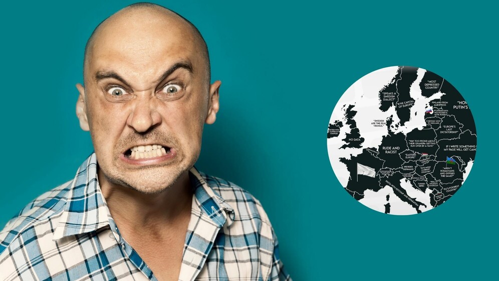 Ljutiti muškarac i karta Europe s najgorim uvredama