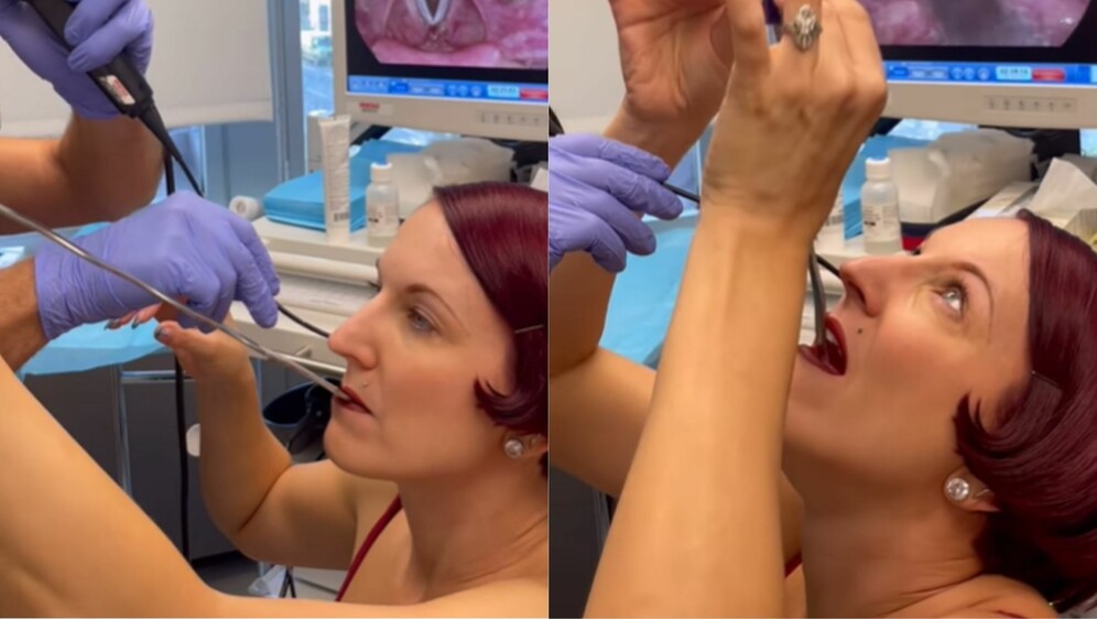 Zabavljačica Gin Minsky pri snimanju procesa gutanja mača