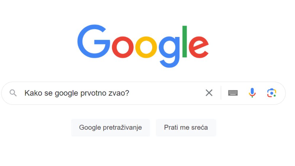 Snimak zaslona tražilice Google s upisanim pitanjem Kako se Google prvotno zvao