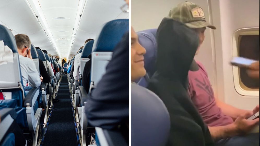 red sjedala u avionu i muškarac sa suputnikom i rukom u jakni s kapom