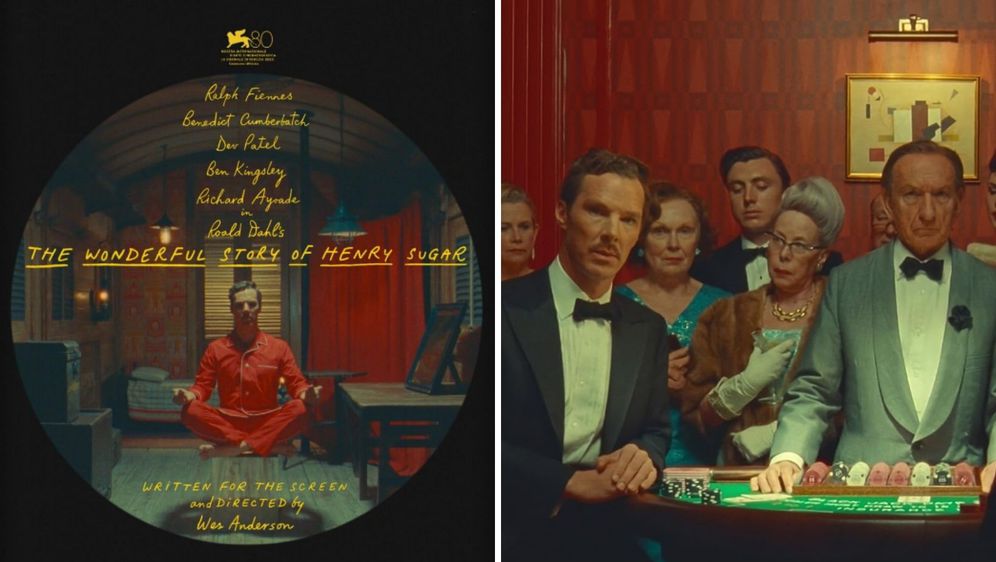 najava za the wonderful story of henry sugar sglumcem Benedictom Cumberbatchom koji stoji iznad stola za roulette